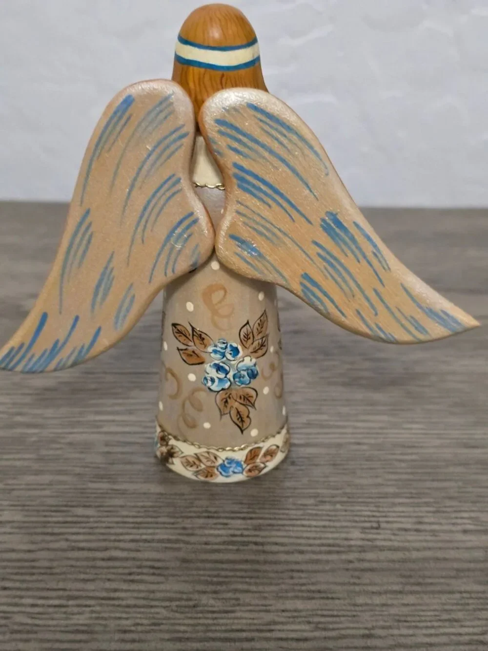 Russian Hand Painted Wooden Angel Blue and Gold Floral Folk Art Signed 5